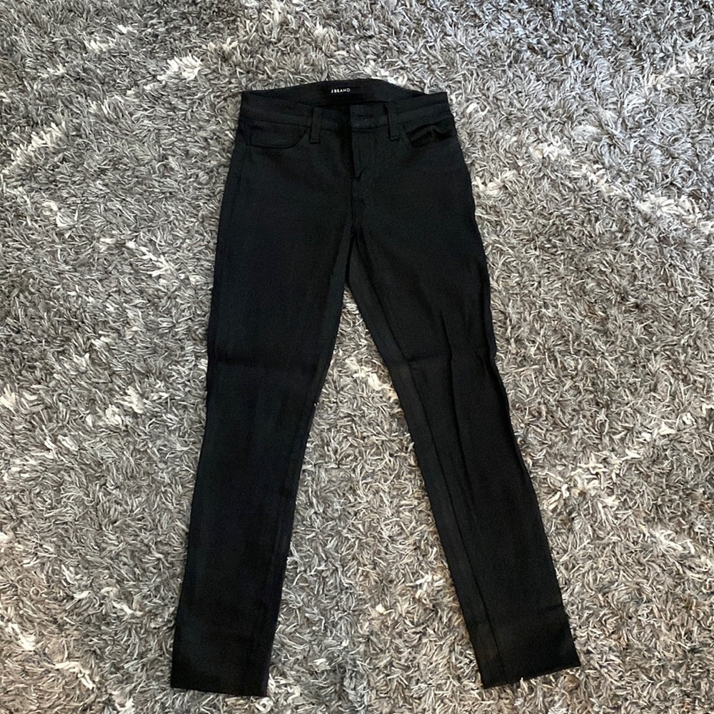 JBrand mid rise skinny Black waxy jeans. Never hemmed, like NEW!